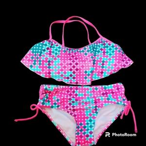 Girls 2-piece bathing suit size 12 pink blue polka dot.